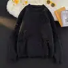 Suéter Gola Redonda Rasgado com Borda Crua Estilo Japonês para Homens e Mulheres, Simples Solto High Street Retrô Cor Sólida Suéter de Tricô Pulôver Desgastado
