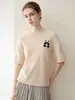 Estilo Novo de Outono 100% Caxemira Pura Manga Curta Feminino Gola Redonda Bordado Fofo Pequeno Panda Tricô Camada Base Suéter de Caxemira