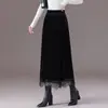 Falda ajustada de terciopelo, falda recta de otoño de cintura alta adelgazante de longitud media con ribete de encaje y abertura, falda de un solo paso con drapeado