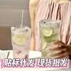 Copo de água com suco copo de café estilo ins grande capacidade com tampa com canudo listras verticais copo de vidro alta aparência copo para bebida fria