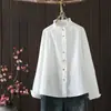 Principios de Primavera 2026 Camisa de Gasa de Algodón Doble Capa con Cuello Alto Retro y Ribete de Encaje Top Casual Holgado para Mujer Transfronterizo