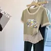 Camiseta de Manga Corta con Estampado Fresco Estilo Coreano, Borde de Encaje Versátil, Corte, Cuello Redondo, Color de Contraste, Top para Mujer de Verano