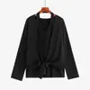 Top de punto de imitación dos piezas talla grande con detalle de lazo para mujer, colección invierno 2026, diseñado para ceñir la cintura y crear un efecto adelgazante, adecuado para usar en capas. 25267
