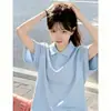 Nueva camiseta de manga corta de algodón puro de color liso, estilo nicho de alta gama con cuello, estilo universitario, corte holgado, polo para mujer