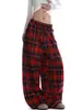 Venta Directa de Fábrica Diseño Retro Americano Bloques de Color Cuadros Pantalones Casuales con Cordón Versátiles de Pierna Ancha hasta el Suelo para Hombres y Mujeres