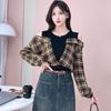 Camisa de Cuello Redondo con Diseño de Cuadros y Costuras Falsas de Dos Piezas Hombro 2024 Manga Larga Nueva Moda Otoño Estilo Occidental Top de Moda