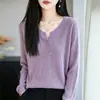 Nueva Colección Otoño/Invierno 2026: Top de Punto Fino de Lana con Cuello en V y Mangas Largas para Mujer, Color Sólido, Base de Canalé