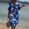 En Stock Amazon Transfronterizo Moda Mujer Nuevo Estilo Cuello en V Botones Estampado Floral Casual Algodón y Lino Vestido