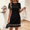 Vestido Negro Pequeño Bodycon Ajustado con Estampado de Leopardo y Patchwork de Manga Larga para Mujer, Transfronterizo Europeo y Americano, Otoño e Invierno 2025