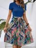 Tendência de Moda Europeia e Americana Transfronteiriça Temperamento Gola Redonda Manga Curta Bloqueada por Cores Faixa na Cintura Estampa Paisley Vestido Midi para Mulheres