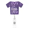 Porta-credencial retráctil con brillos y temática médica, diseño SCRUB LIFE para ropa de trabajo, disponible en varios colores