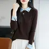 Suéter de Punto con Bloques de Color Estilo Universitario Coreano, Solapa, Falso Dos Piezas, para Mujer, Otoño Invierno, para el Trabajo, Adelgazante, Capa Interior, Tacto de Alta Gama, Suéter para Mujer