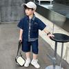Vestido de Verano para Niño Traje de mezclilla a cuadros 2025 Nueva Moda Infantil Coreana de Dos Piezas Ropa para Niños