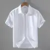 9048 Camisa de Lino de Manga Corta de Verano para Hombre Camisa Casual de Algodón y Lino con Cuello Cuadrado para Hombre Top de Lino de Color Sólido de Media Manga