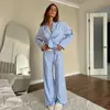 Conjunto de pijama de algodão puro xadrez para outono e inverno de 2026 para mulheres, conjunto de duas peças com calça longa e manga longa solta, roupa de casa de algodão respirável e amigável para a pele para mulheres