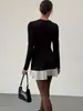 Elegante Vestido Longo Feminino Retrô Francês de Manga Longa Plissado