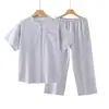 Conjunto de Pijama de Algodón Puro Doble Capa Estilo Japonés, Manga Corta y Pantalón Largo para Mujer, Ropa de Casa Fresca de Gasa de Algodón Sin Estampado, Estilo Rayado Casual
