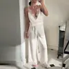 2026 Nuevo Conjunto de Dos Piezas de Camisola y Pantalón Largo con Patchwork de Encaje Estilo Europeo y Americano, Ropa de Dormir Fresca de Seda de Hielo para Mujer, Ropa de Casa de Verano