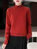 Suéter de lana 100% pura para mujer, estilo relajado, cuello semi-alto, doble hebra engrosada, jersey raglán holgado, camiseta básica de punto versátil