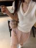 Moda de Hong Kong y Americana / Top de Punto de Manga Corta Off-White para Mujer, Corte Ajustado, Versátil, Ligero, Fresco