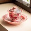 Tigela de Cobertura Nove Pêssegos Rosa Pastel de Fábrica Xícara de Chá de Cerâmica Grande Estilo Chinês Retrô Tigela de Chá Única de Alta Qualidade com Tampa