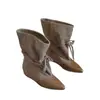 Versión de cuero suave~Nuevas botas cortas de verano vintage para mujer, con punta y tira ancha, botas vaqueras con cordones y aumento interno de altura, botas de tacón apilado