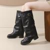 Botas Vaqueras Vintage para Mujer 2025 Botas Arrugadas de Caña Media Punta Redonda Tacón Ancho Hebilla de Cinturón Botas de Equitación de Media Caña
