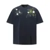 Camiseta para Hombre ARES Bordado de Flores Manga Corta 26s Peso Pesado Hilo Doble Holgada Marca Trendy Americana Camiseta