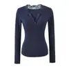 Camiseta Feminina de Manga Longa com Decote em V Profundo e Renda 'Estilo Desejo Puro', Camisa Básica Fina de Veludo para Outono e Inverno, Top Curto Elástico Justo