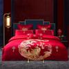 Casamento de luxo conjunto de quatro peças bordado de algodão vermelho dragão e fênix quarto de casamento presente de casamento roupa de cama fabricantes de algodão atacado