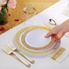 Juego de 17 piezas de platos desechables para cena, platos con borde dorado, copas de vino, cubiertos, tenedores y cucharas, platos de plástico PS troquelados en oro rosa, transfronterizo