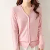 Jaqueta Suéter Rosa Gola V para Mulheres 2026 Novo Estilo Malha de Lã Cor Sólida Top Cardigã de Botão Único