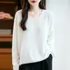 Suéter pullover sin costuras de cuello en V con rayas horizontales integradas, estilo casual, jacquard, lana pura, tejido para mujer 10