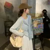 Cardigan de Tricô com Listras Azuis, Soltinho, Manga Longa, Protetor Solar para Mulheres, Lindo e Único Xale Outerwear para Outono