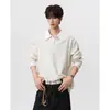 Ajuste relajado, top juvenil de estilo coreano de manga larga, top clásico de cuello polo para primavera y otoño, sudadera fina única de corte holgado