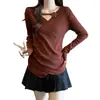 Diseño Talla Grande Elegante Camiseta de Manga Larga con Escote en V en el Hombro Derecho para Mujer Primavera, Otoño e Invierno Nuevo Delgado para Gorditas Aspecto Adelgazante y Top que Cubre la Carne