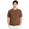 Camiseta Masculina de Tricô Manga Curta Cor Sólida Textura Canelada Vertical Gola Redonda Estilo Old Money Ligeiramente Maduro Camada Base Shirt Masculino Outono/Inverno