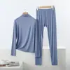 Conjunto de dos piezas de modal fino, cuello semi-alto, manga larga, sin costuras, talla grande, holgado, casual, cómodo, para casa