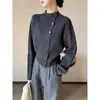 PINKEN Cardigan de Lã Irregular Cinza Escuro Gola Alta Meia Manga Feminino Inverno 2026 Nova Moda Suéter Quente