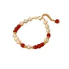 Pulseira de Pérola de Água Doce Oval e Ágata Vermelha, Pulseira da Moda de Jade e Pedra Verde Água Clara, Joia de Mão Elegante