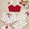 Pijama de Verano 2026 Estilo Nuevo Conjunto de Tres Piezas de Pantalones Cortos con Tirantes Estampado de Corazones Pijama Estilo Ropa de Casa para Niña Dulce