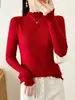 Suéter de Punto con Cuello Semi-Alto y Borde Fruncido para Mujer, Nuevo Estilo Otoño e Invierno 2025, Color Sólido, Corte Ajustado, Suéter Pulóver Sencillo