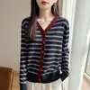 Abrigo de Punto a Rayas 2026 para Mujer, Nuevo Estilo, Bloque de Color, Holgado, Cárdigan de Primavera para Mujer, Suéter Delgado con Cuello en V para Uso Transfronterizo