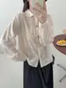 Camisa Blanca Elegante Artística Estilo Japonés con Cuello de Moneda y Encaje Floral Grande de Manga Larga para Mujer Otoño 2025 Top Casual