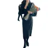 Vestido camisero elegante de estilo coreano con solapa, de un solo botón, cinturón a la cintura, corte ajustado, por encima de la rodilla, con mangas largas de farol