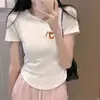 Camiseta de Algodón con Textura de Hilo Manga Corta para Mujer Super Adelgazante Estilo Chica Caliente Diseño Corto Sentido del Diseño Verano Ajuste Delgado Versátil Dobladillo Curvo Top