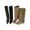 Versão em Couro Macio Elegante Bico Fino Salto Agulha Botas Longas Outono Novo Versátil Camurça Emagrecedor Salto Gatinho Botas de Equitação Salto Alto Botas Longas