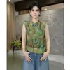 Nueva Camisa sin Mangas Estampada de Estilo Nacional Chino para Mujer, Verano Retro Elegante con Botones en Diagonal, Top con Volantes Adelgazante
