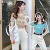 Nova Camiseta de Listras de Manga Curta para Mulheres, Celebridade da Internet, Verão 2023, Top Slim Feminino, Camisa Básica Estilo Coreano para Estudantes