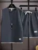 Conjunto de camisetas de punto gofre de manga corta y sin mangas para hombre, chaleco de verano, atuendo casual deportivo para estudiante, conjunto moderno para hombre